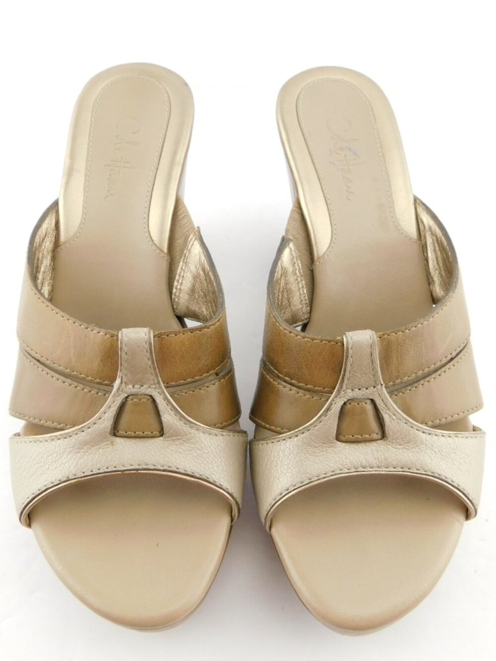 COLE HAAN Taupe & Gold Leather Open Toe Slide Heel Sandals 5.5